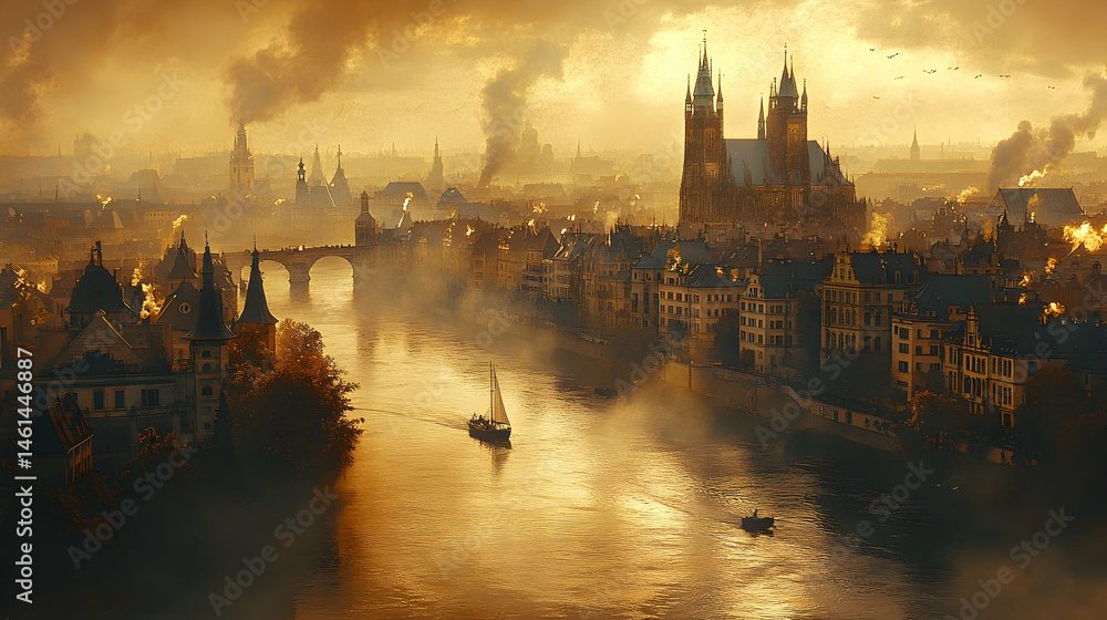 Obraz premium Golden hour cityscape with a river
