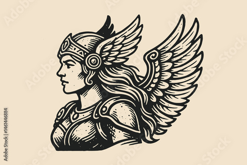 valkyrie warrior woman, vintage engraving tattoo style
