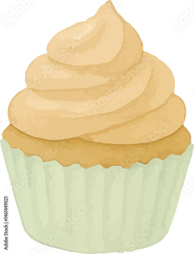 A hand-painted pastel illustration of a chocolate cupcake with brown frosting and a wrapper. Ideal for dessert graphics, bakery branding, or indulgent treat designs