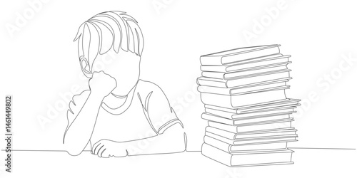 Bored Student Staring at Stack of Books – One Line Drawing Illustration

