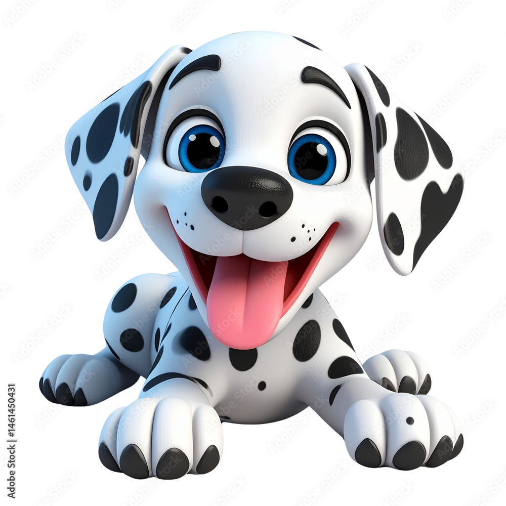 Naklejka premium Cute cartoon Dalmatian puppy with big blue eyes and happy expression, lying down with its tongue out, showcasing its playful and friendly nature