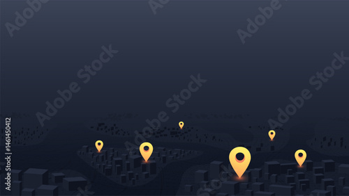 City map featuring directional signs, an intended goal point. Abstract plan highlights POI. GPS navigation to pins. Vector illustration