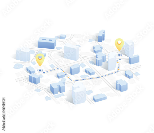 Isometric navigation on city concept. Geolocation yellow pin on street. City map with route. Tourism and travel. Vector illustration isolated on white background