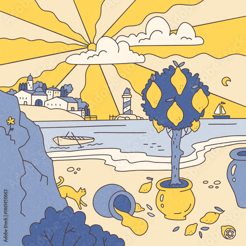 Landscape with sun and lemon tree on sandy shore of Mediterranean sea in trippy doodle style. Vintage summer vibe. Flat hand drawn vector illustration.