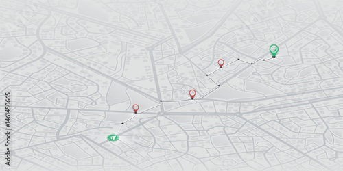 GPS navigation to pins and multiple markers on route. Cty map featuring directional signs, an intended goal point. Abstract plan highlights. Vector illustration