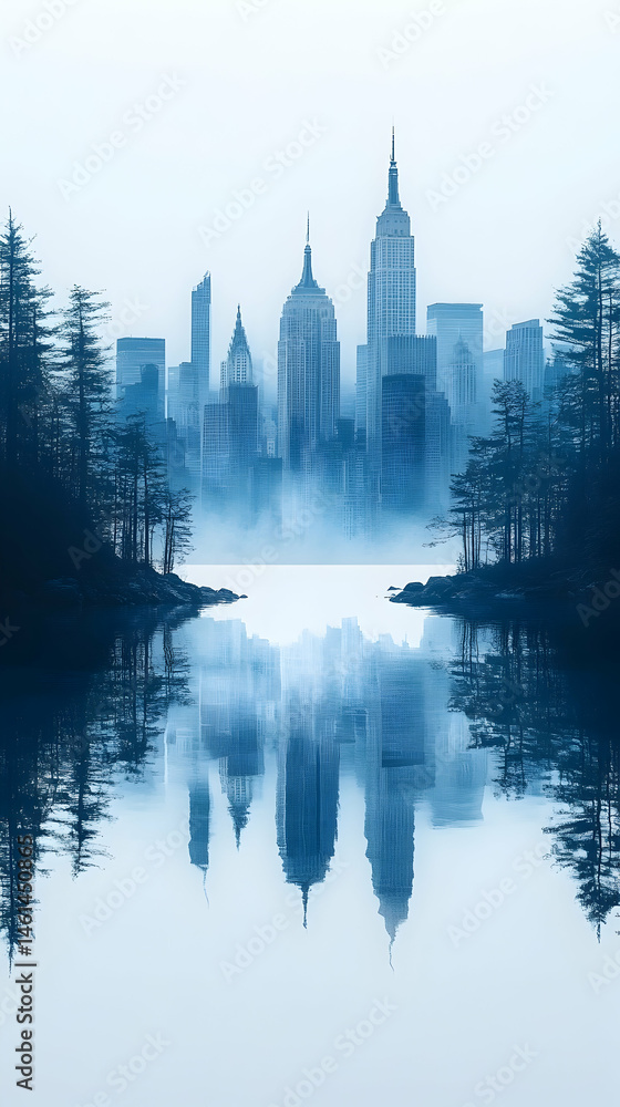 Obraz premium Misty city skyline reflected in a calm lake, framed by evergreen trees