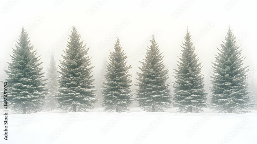 Fototapeta premium Snowy, misty forest of coniferous trees