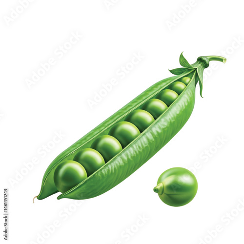 Fresh Green Peas in Pod with a Single Pea on White Surface