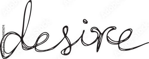 Elegant handwritten word 'desire' displayed on a white background.