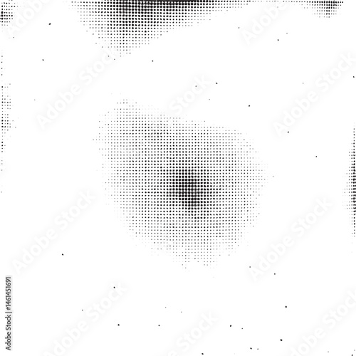 A dense dark circular dominates a white background of scattered dots.
