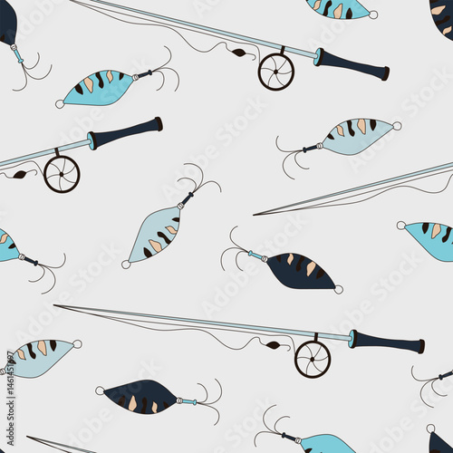 Seamless pattern with doodle fishing rod with reel, fishing line, hook, bait. Angler equipment, fish catching tool, spinner