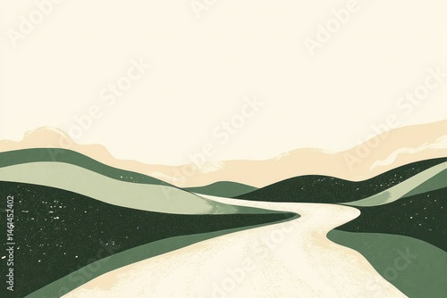 abstract landscape with winding road through green hills under clear sky. minimalist art capturing serene nature and journey concept. print design, wall art, posters.