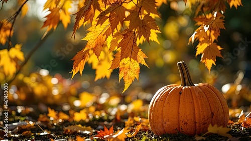 Autumn Leaves Descending on Pumpkin in Garden