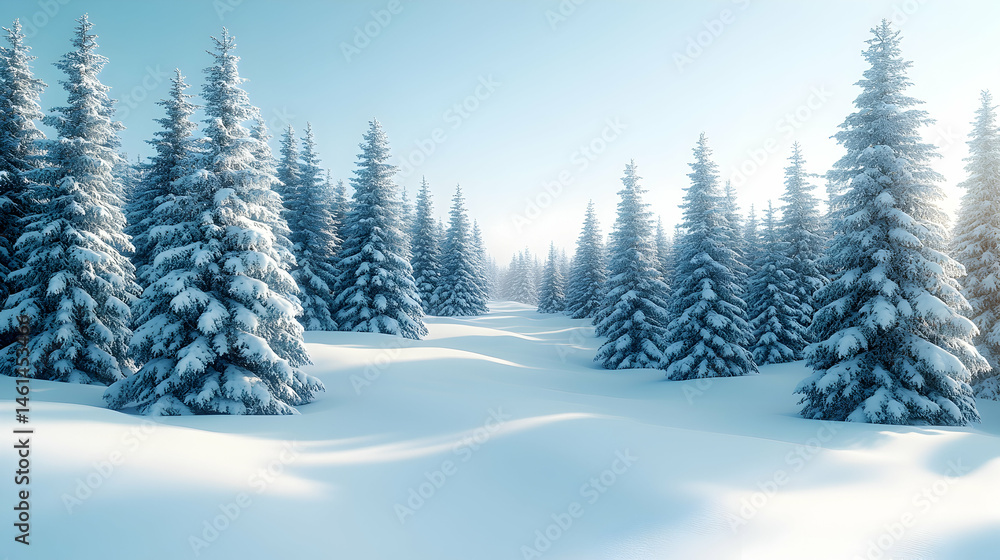 Fototapeta premium Winter wonderland. A serene snow-covered forest bathed in sunlight