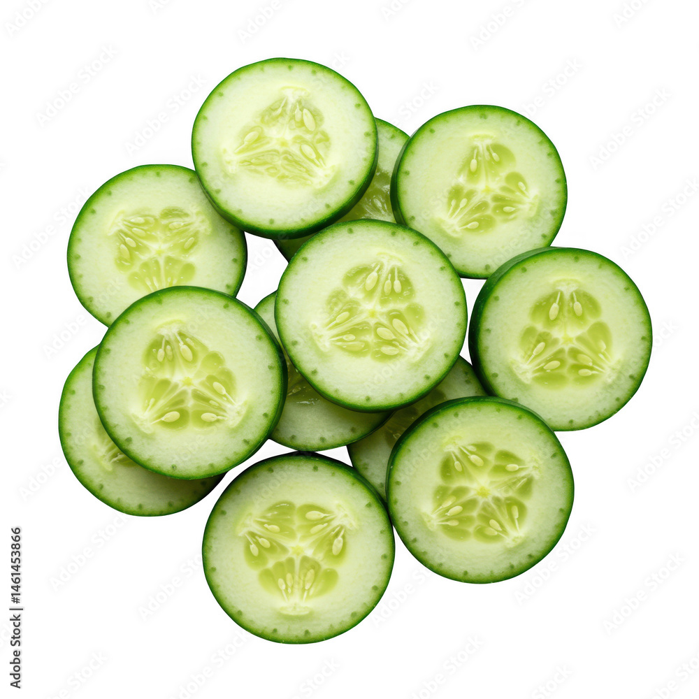 Pile of fresh cucumber slices isolated against a dark background on transparent background Pile of fresh cucumber slices isolated against a dark background on transparent background