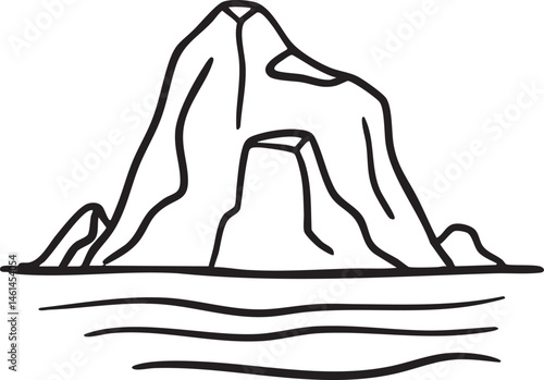 A dark jagged rock formation rises from a calm body of water.