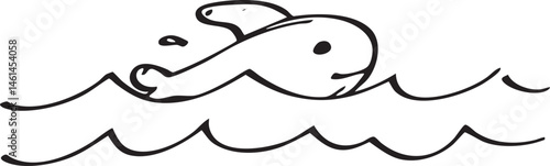 A stylized white whale gracefully swims through a calm undulating blue ocean.