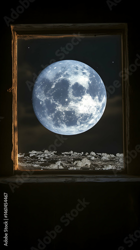 Earthrise viewed from a lunar window, showing a detailed planet against a dark, starry sky