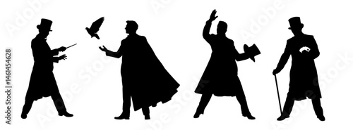 Set of silhouettes of illusionist, magician - vector illustration