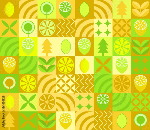 Lemon minimalistic geometric background. Vector abstract style pattern. Bauhaus trend. Abstract illustration of lemon, leaves, symbols. Simple icon.	
