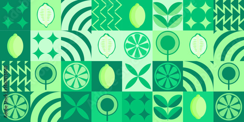 Lemon minimalistic geometric background. Vector abstract style pattern. Bauhaus trend. Abstract illustration of lemon, leaves, symbols. Simple icon.	
