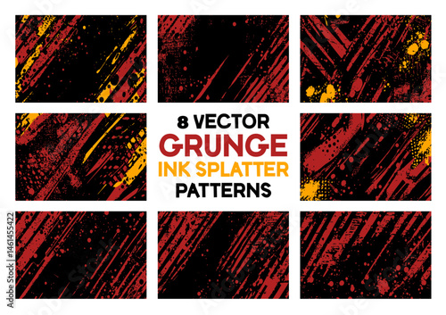 Collection of 8 vector grunge ink splatter patterns. Features abstract, edgy textures with streaks and spots. Ideal for creating dynamic backgrounds, overlays, and distressed effects in designs.