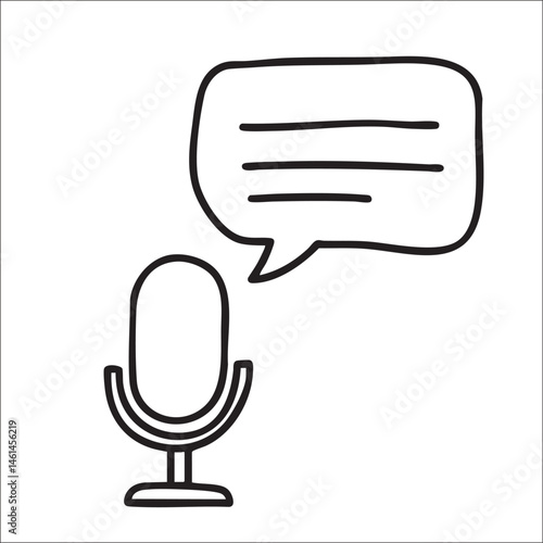 A microphone rests beside a speech bubble.