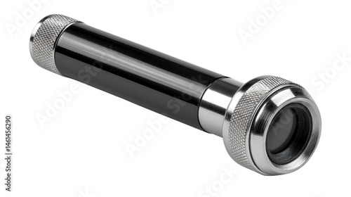 Isolated silver metal flashlight, a useful tool and equipment object, is presented in a closeup on a white background