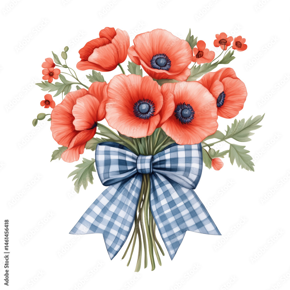 Obraz premium Red poppy flower bouquet tied with coquette bow, watercolor illustration. Png isolated object with transparent background. Elegant floral poster, print, card. Birthday, Mother's Day 