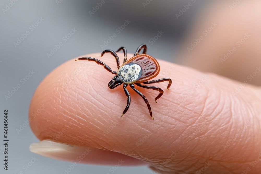 Engorged tick crawling on human finger, close-up showing parasite crawling on skin and detail of dangerous arthropod Engorged tick crawling on human finger, close-up showing parasite crawling on skin and detail of dangerous arthropod
