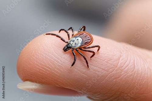 Engorged tick crawling on human finger, close-up showing parasite crawling on skin and detail of dangerous arthropod