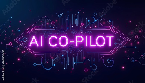 The text AI Co-Pilot illuminated in neon on a futuristic cyberspace backdrop, representing a collaborative artificial intelligence assistant and next-generation automation working alongside humans to 