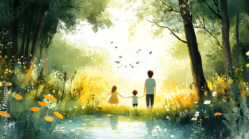 A family's peaceful journey through a sunlit forest.