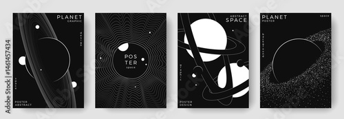 Set of abstract space astronomy backgrounds. Linear simple planet, galaxy, black hole. Black and white science future concept. Futuristic minimal design for cover, poster, banner, flyer, brochure, ads