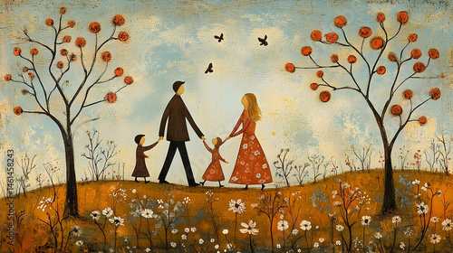 A heartwarming scene of a family strolling through a colorful landscape.