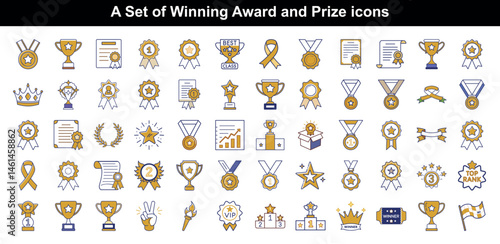 Golden Awards and Prizes Icon Set, Simple Line Style, Victory Signs on Transparent Background