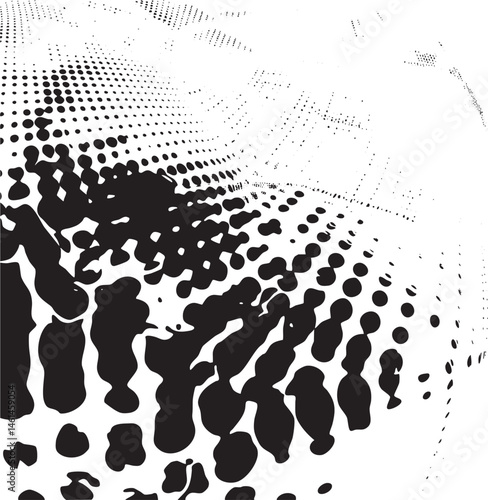 Black and white abstract shapes cascade downward in a dynamic layered