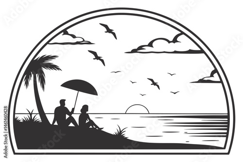 86 Beach scenes, silhouettes, black and white, sunset, ocean view, couples, lone figure, beach umbrella, seagulls, clouds, horizon, reflections, waves, semicircle framing, minimalist design, contrast,