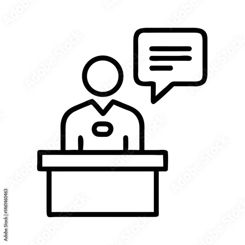 Moderator giving feedback at a desk with speech bubble  