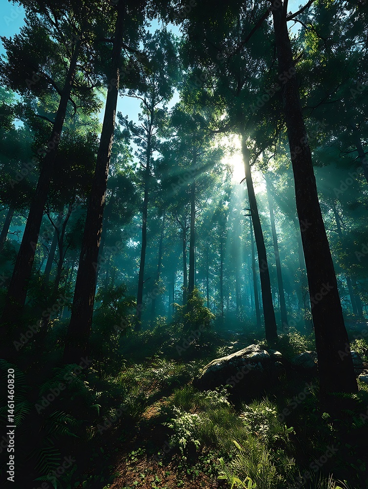 A view of a forest floor, the sunlight and haze filtering through trees. A view of a forest floor, the sunlight and haze filtering through trees.