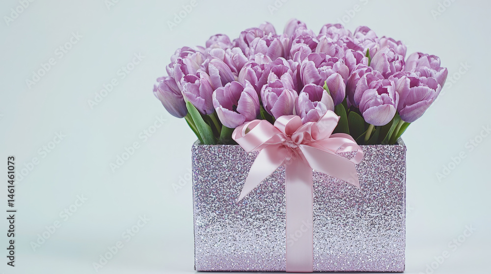 Obraz premium Purple Tulips in a Glitter Gift Box. A beautiful arrangement of purple tulips in a decorative, glittery box with a pink ribbon, perfect for a special occasion.