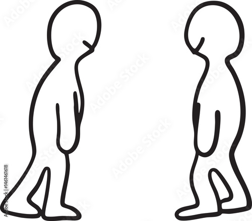 Two minimalist figures stand in profile showcasing a symmetrical pose.