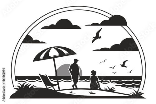 86 Beach scenes, silhouettes, black and white, sunset, ocean view, couples, lone figure, beach umbrella, seagulls, clouds, horizon, reflections, waves, semicircle framing, minimalist design, contrast,