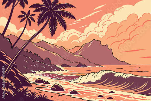 87 Tropical beach sunset, crashing waves, palm trees, dramatic orange sky, vibrant colors, distant mountains, rocky shoreline, sun reflection on water, detailed landscape, picturesque scenery, digital