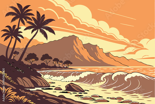 87 Tropical beach sunset, crashing waves, palm trees, dramatic orange sky, vibrant colors, distant mountains, rocky shoreline, sun reflection on water, detailed landscape, picturesque scenery, digital