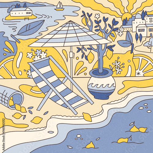 Psychedelic composition of summer, sea, lemons with sun lounger and umbrella on the shore of the Mediterranean Sea in style of trippy doodle. Vintage summer vibe. Flat hand drawn vector illustration.