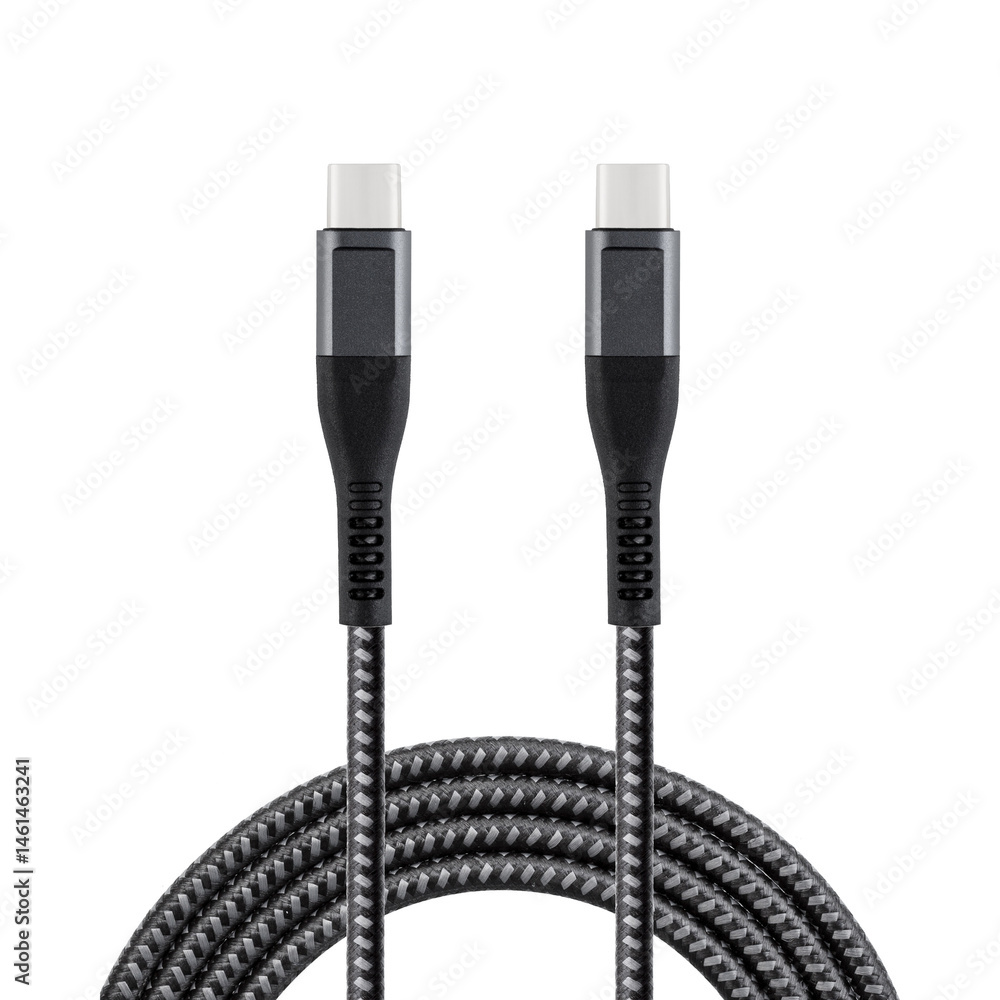 Black cable for charging and synchronization with Type – C and Type – C connectors on a white isolated background close-up