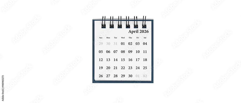 Desktop calendar for April 2026 in white colour. Mini planner for business and finance, spiral view on isolated white background close up.