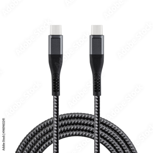 Obraz na płótnie Black cable for charging and synchronization with Type – C and Type – C connectors on a white isolated background close-up w salonie