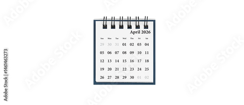 Desktop calendar for April 2026 in white colour. Mini planner for business and finance, spiral view on isolated white background close up.